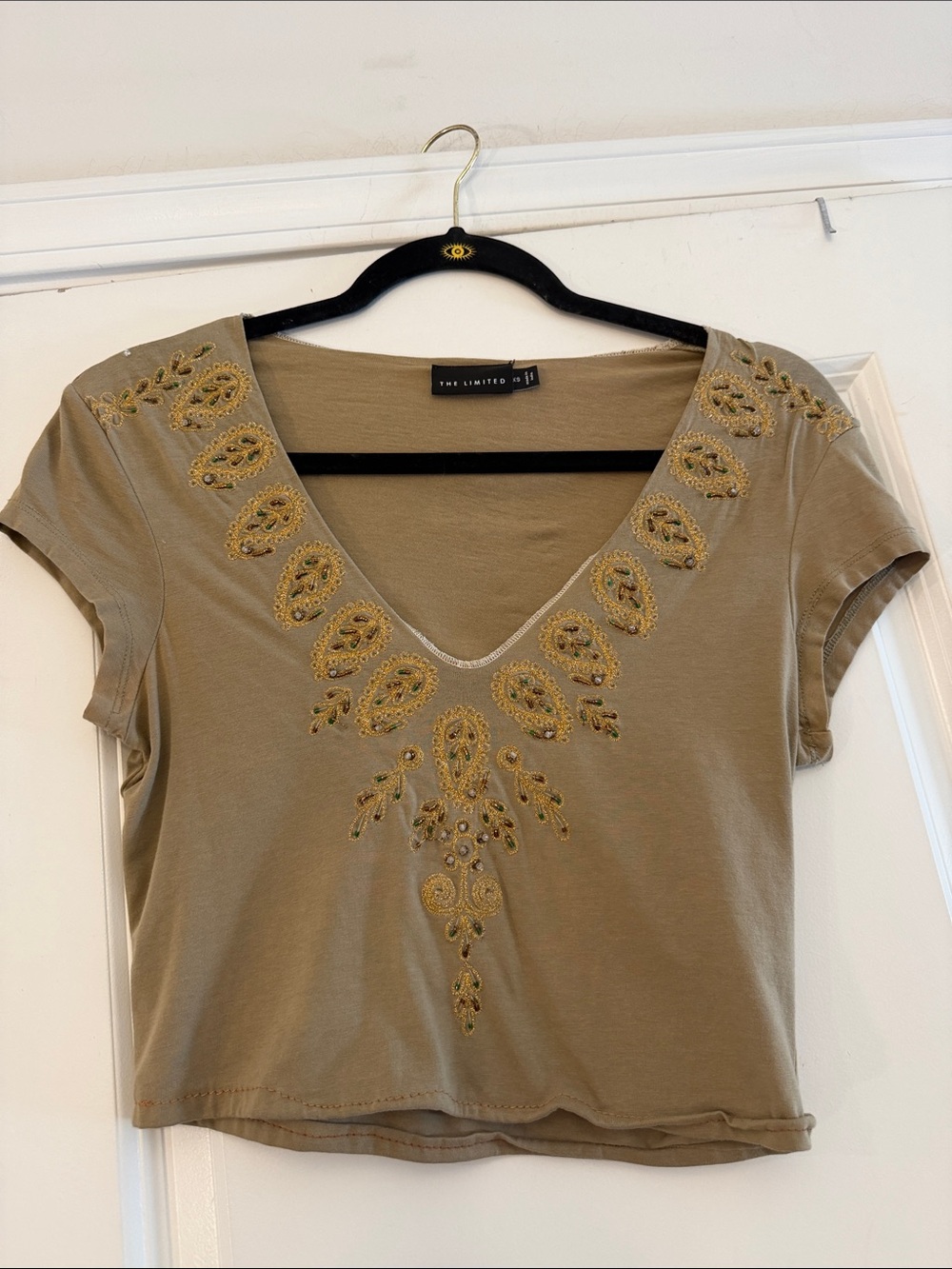 vintage unique beadedThe Limited Olive Green Embroidered V-Neck Short Sleeve Top